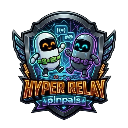 HyperRelay by Pinpals logo: two friendly robots on a neon shield