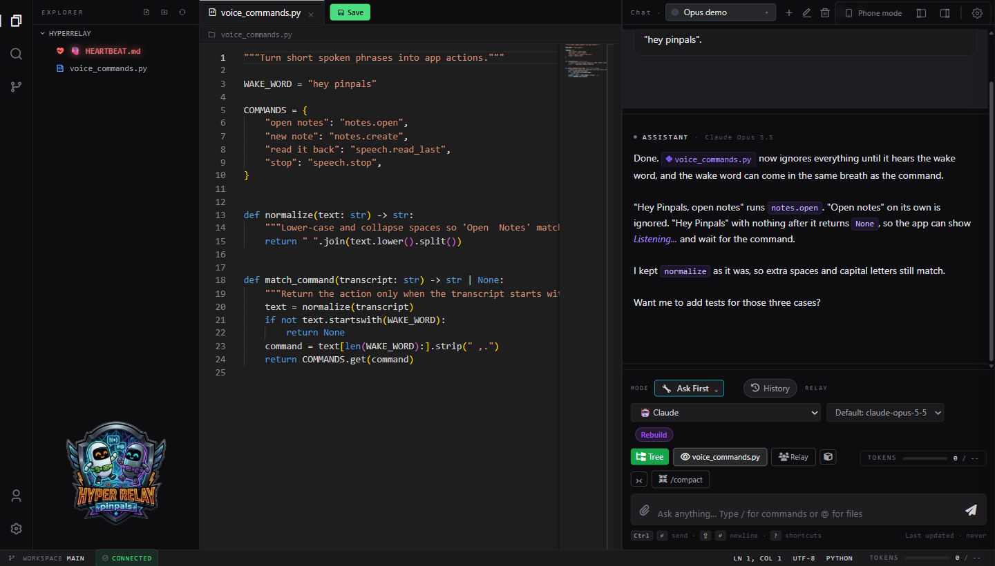 HyperRelay on the desktop: a Python file in the editor and Claude Opus explaining the change it made